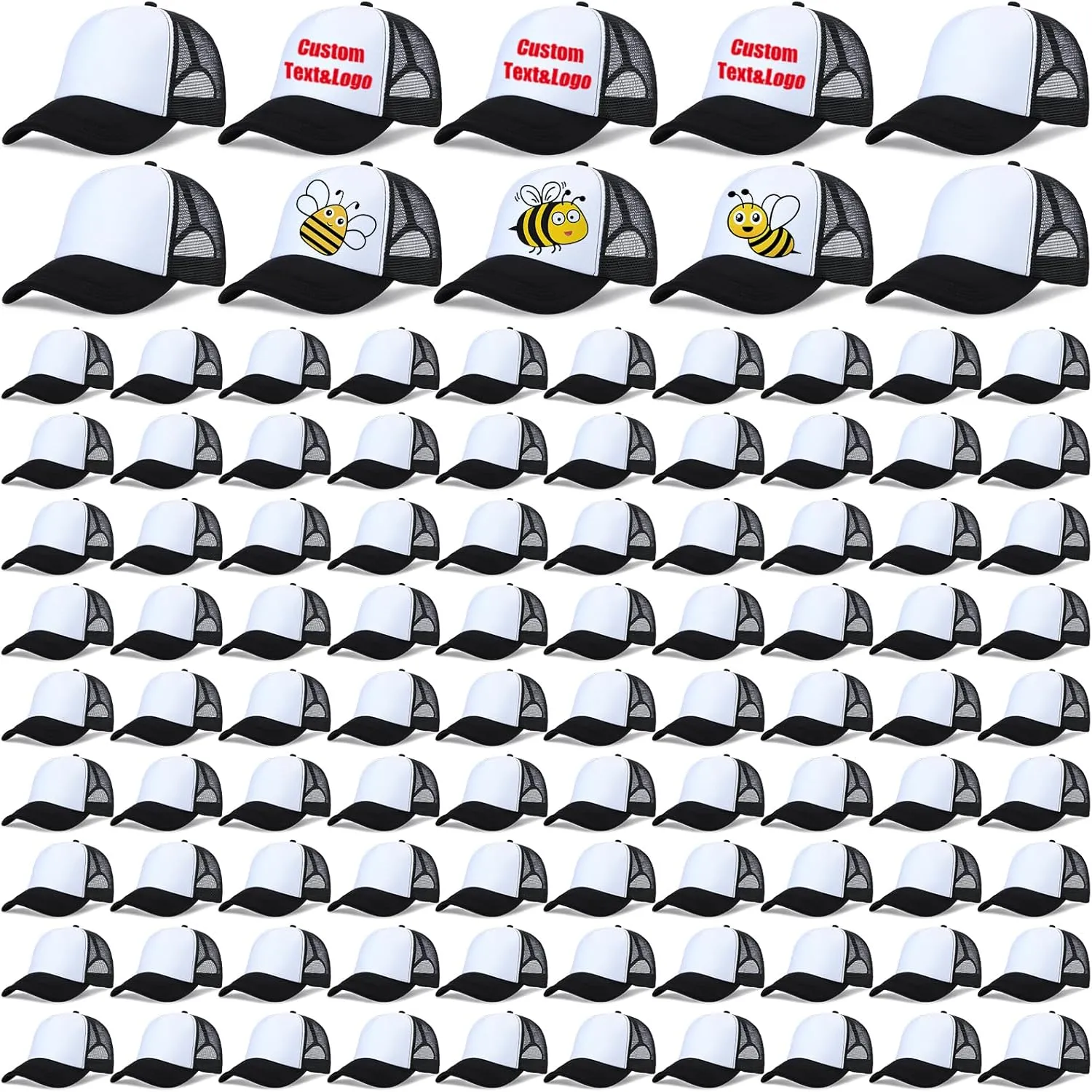 Panitay 100 Pcs Unisex Sublimation Blank Mesh Baseball Cap Adjustable Plain Blank Mesh Trucker Hat for DIY Embroidery Sublimation Printing Black and White