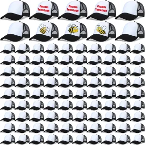 Panitay 100 Pcs Unisex Sublimation Blank Mesh Baseball Cap Adjustable Plain Blank Mesh Trucker Hat for DIY Embroidery Sublimation Printing Black and White