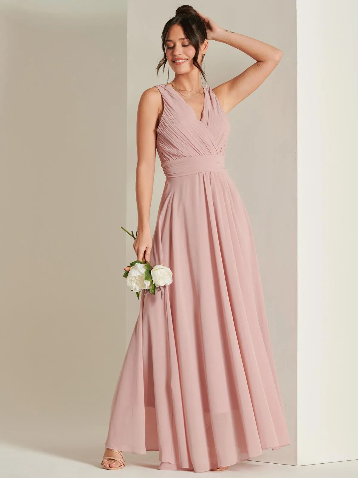 Pleated Bodice Chiffon Maxi Dress, Mauve Pink