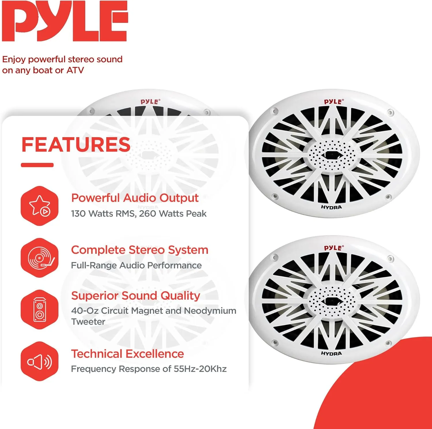Pyle 6'' x 9'' 260 Watt Water Resistant Marine Outdoor Boat ATV UTV Sound System Speakers with Removable Grill and Poly Carbon Cone, White (4 Pack)