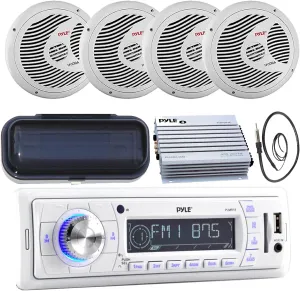 Pyle PLMR18 200-Watt Marine AM FM SD USB Aux Remote Radio Receiver, and 4 x PLMR60W 150 Watts 6.5'' Dual Cone Speakers (White), Radio Shield, Enrock Antenna,Pyle 4-Channel Waterproof Amplifier