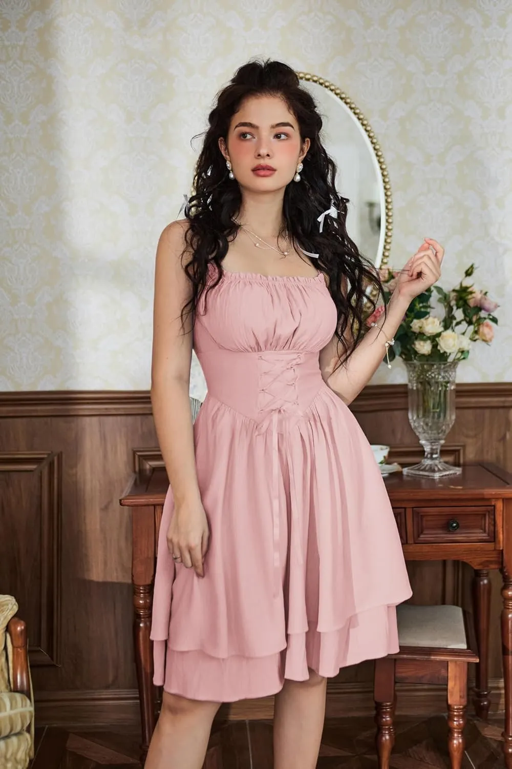Scarlet Darkness Renaissance Dress Women Chiffon Spaghetti Strap Corset Dress
