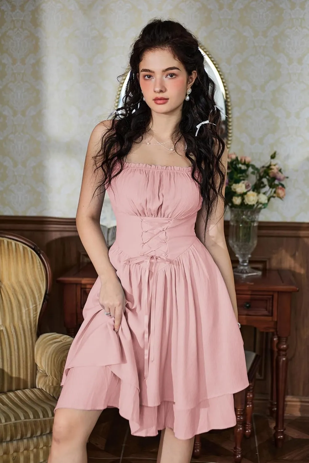 Scarlet Darkness Renaissance Dress Women Chiffon Spaghetti Strap Corset Dress