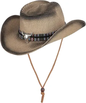 Straw Cowboy Sun Hat for Men Women Cowgirl Summer Fedora Beach Panama Western Cap UPF 50  Shapeable Brim Cap with Bull Belt