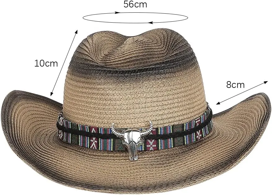 Straw Cowboy Sun Hat for Men Women Cowgirl Summer Fedora Beach Panama Western Cap UPF 50  Shapeable Brim Cap with Bull Belt