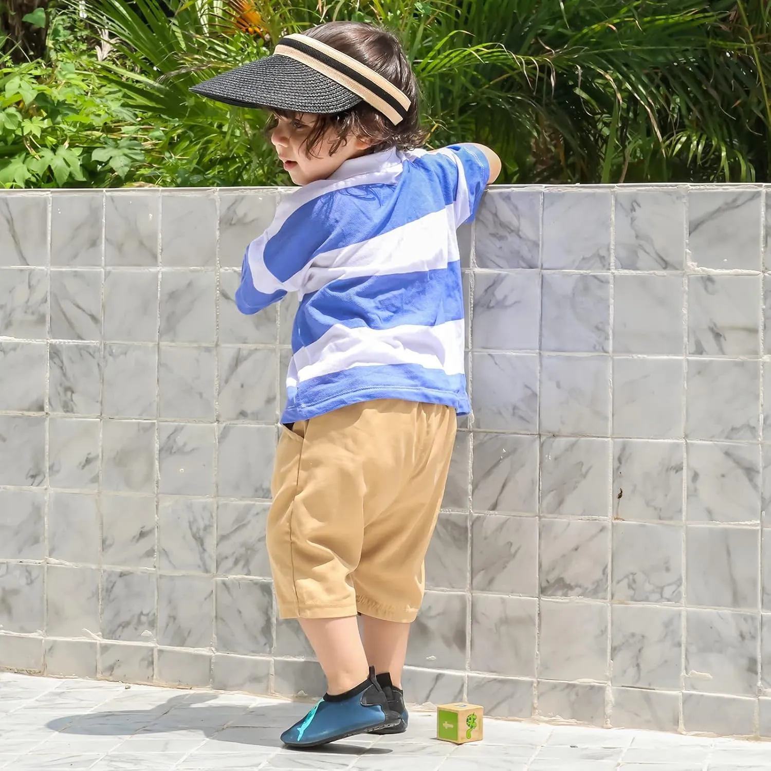 Straw Sun Visors Hats for Kids Embroidered Boys and Girls Wide Brim Roll Up Ponytail Open Top Cap