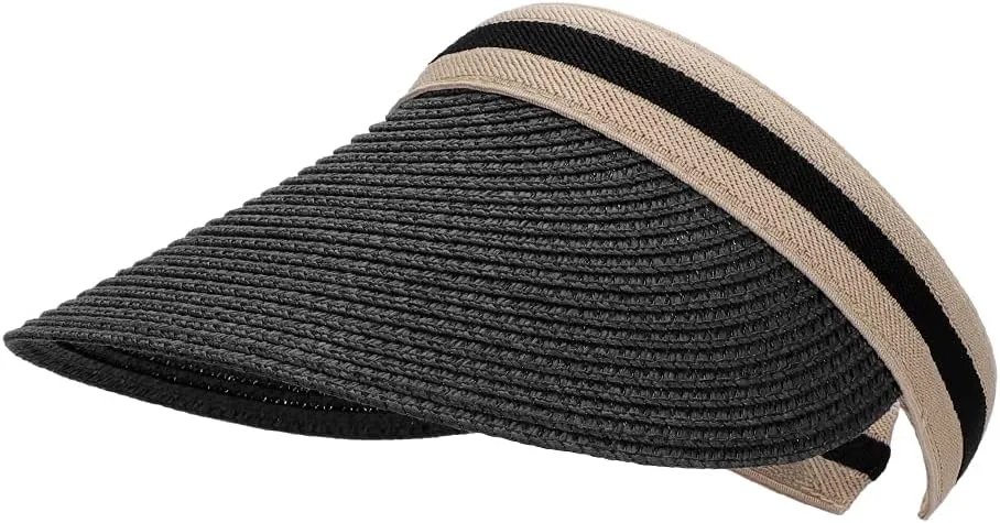 Straw Sun Visors Hats for Kids Embroidered Boys and Girls Wide Brim Roll Up Ponytail Open Top Cap