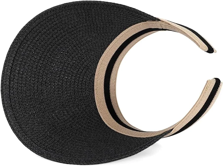 Straw Sun Visors Hats for Kids Embroidered Boys and Girls Wide Brim Roll Up Ponytail Open Top Cap