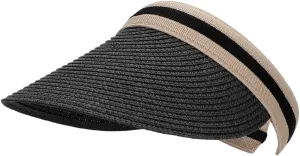 Straw Sun Visors Hats for Kids Embroidered Boys and Girls Wide Brim Roll Up Ponytail Open Top Cap