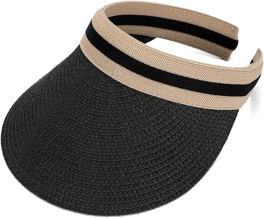 Straw Sun Visors Hats for Kids Embroidered Boys and Girls Wide Brim Roll Up Ponytail Open Top Cap