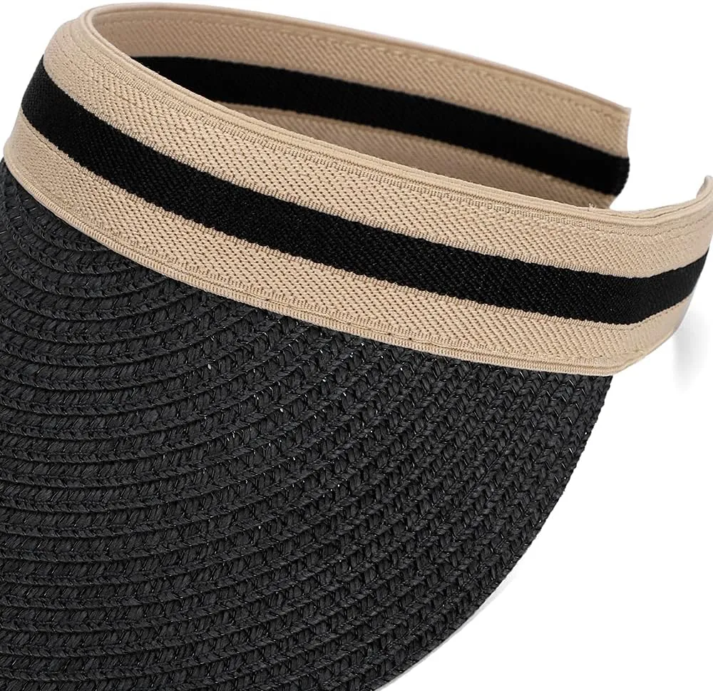 Straw Sun Visors Hats for Kids Embroidered Boys and Girls Wide Brim Roll Up Ponytail Open Top Cap