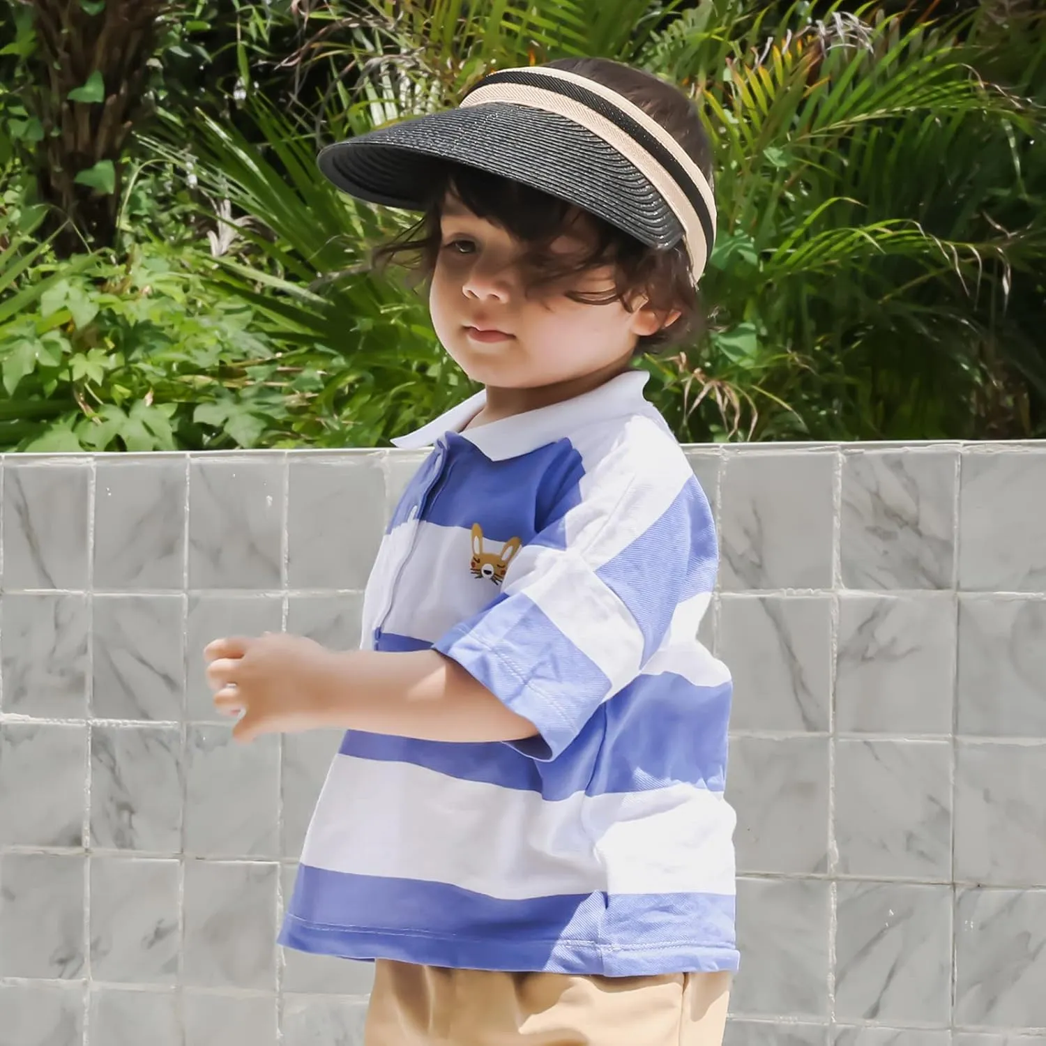 Straw Sun Visors Hats for Kids Embroidered Boys and Girls Wide Brim Roll Up Ponytail Open Top Cap