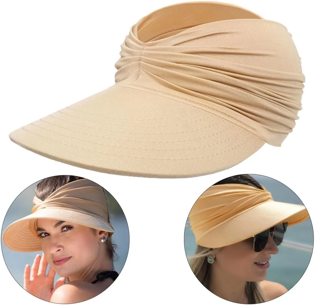 Sun Hat Women Beach Visor Cap UV Protection with Wide Brim Packable Summer Sport Ponytail Sun Cap