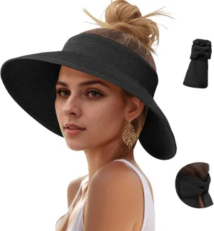 Sun Hats Visor for Women, UV UPF Straw Beach Hat Foldable Wide Brim Ponytail Summer Hats Packable Travel
