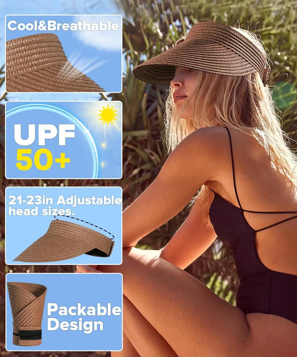 Sun Visor Hats for Women,Beach Sun Hats UPF50  UV Protection Straw Sun Beach Visor Summer Hats Packable