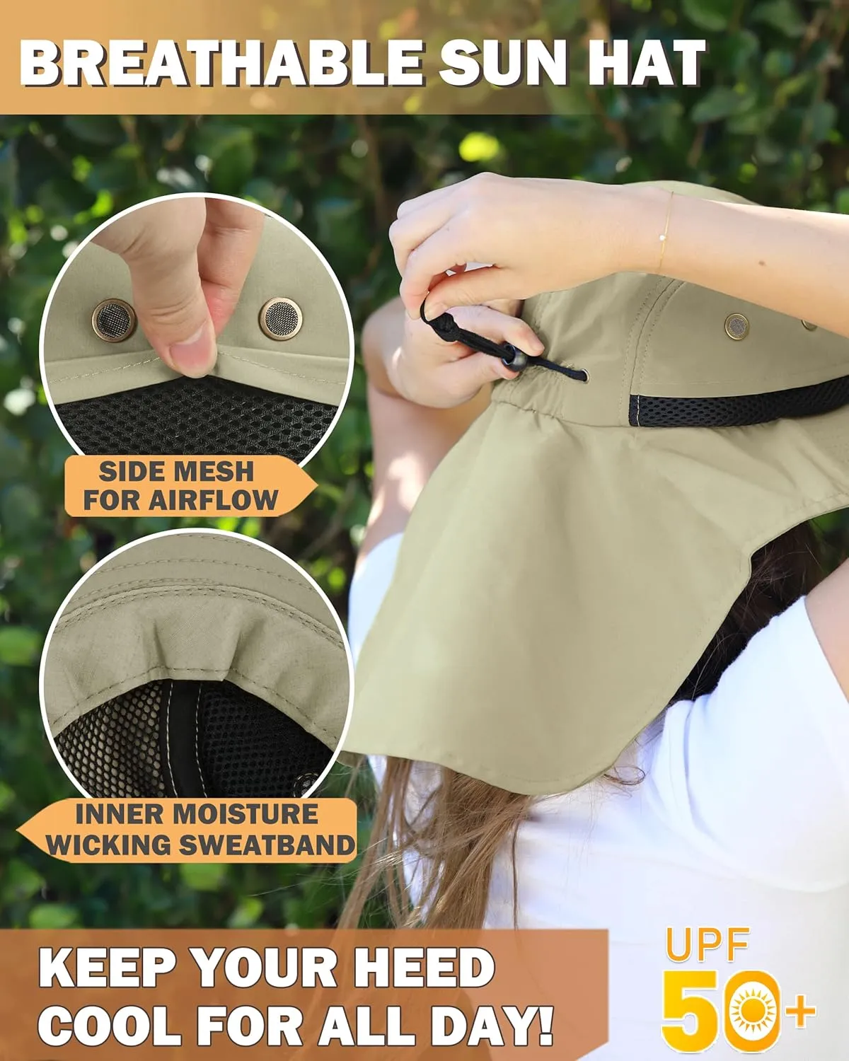 Tirrinia Neck Flap Sun Hat with Wide Brim,UPF 50  Hiking Safari Fishing Caps for Men Women, Ideal for Outdoor