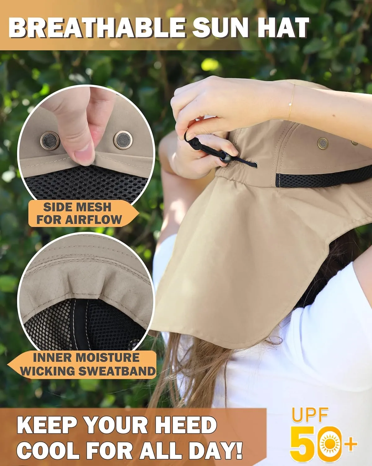 Tirrinia Neck Flap Sun Hat with Wide Brim,UPF 50  Hiking Safari Fishing Caps for Men Women, Ideal for Outdoor