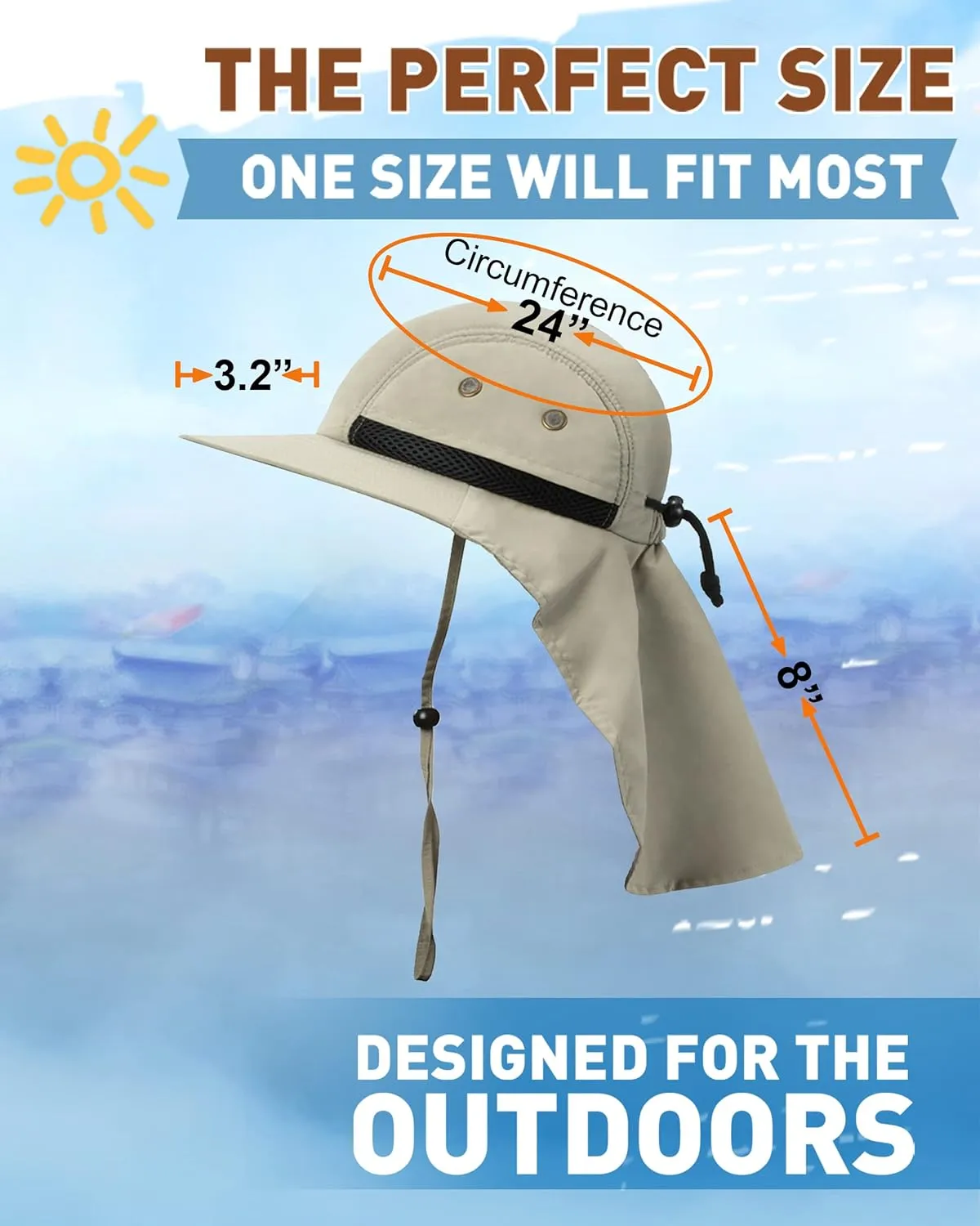 Tirrinia Neck Flap Sun Hat with Wide Brim,UPF 50  Hiking Safari Fishing Caps for Men Women, Ideal for Outdoor
