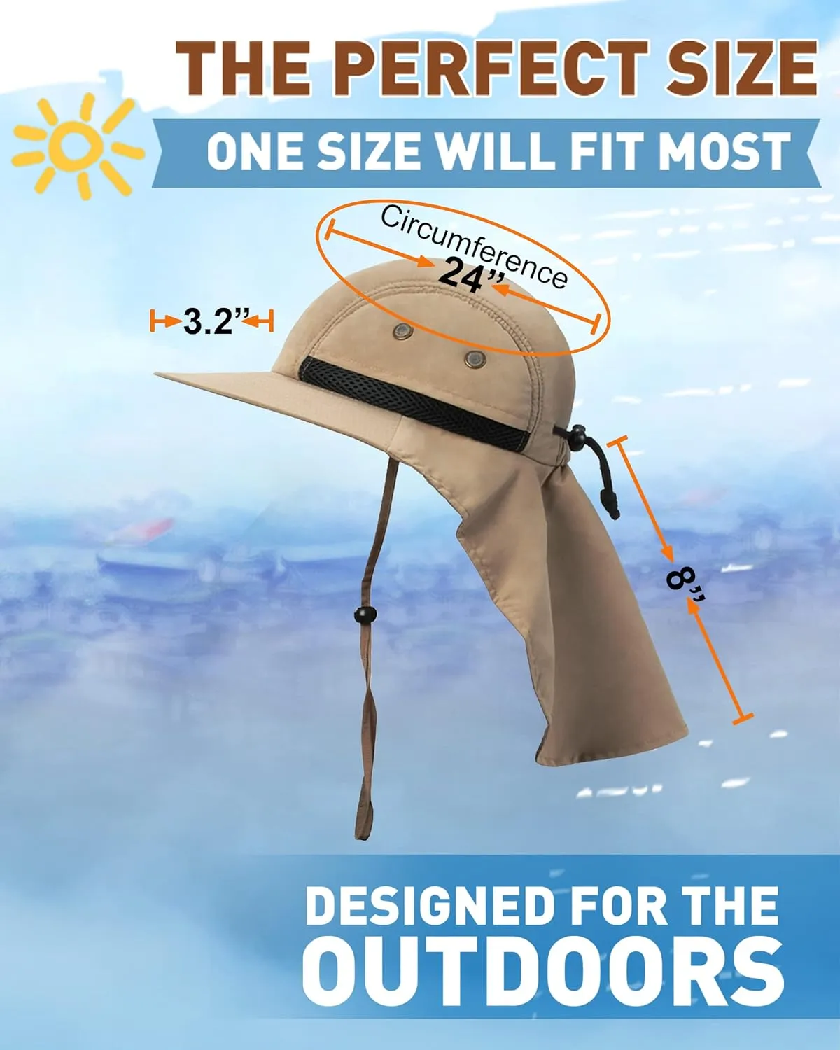 Tirrinia Neck Flap Sun Hat with Wide Brim,UPF 50  Hiking Safari Fishing Caps for Men Women, Ideal for Outdoor