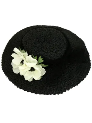 Vintage 1940s Black Raffia Hat with White Floral Decor