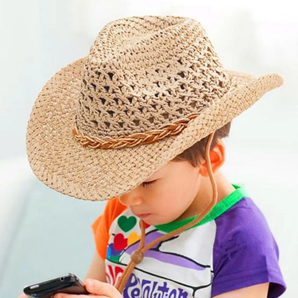 Western Cowboy Straw Hat for Boys Girls Shapeable Kids Fedora Panama Straw Hat Toddlers Floppy Sun Protection Beach Sun Cap