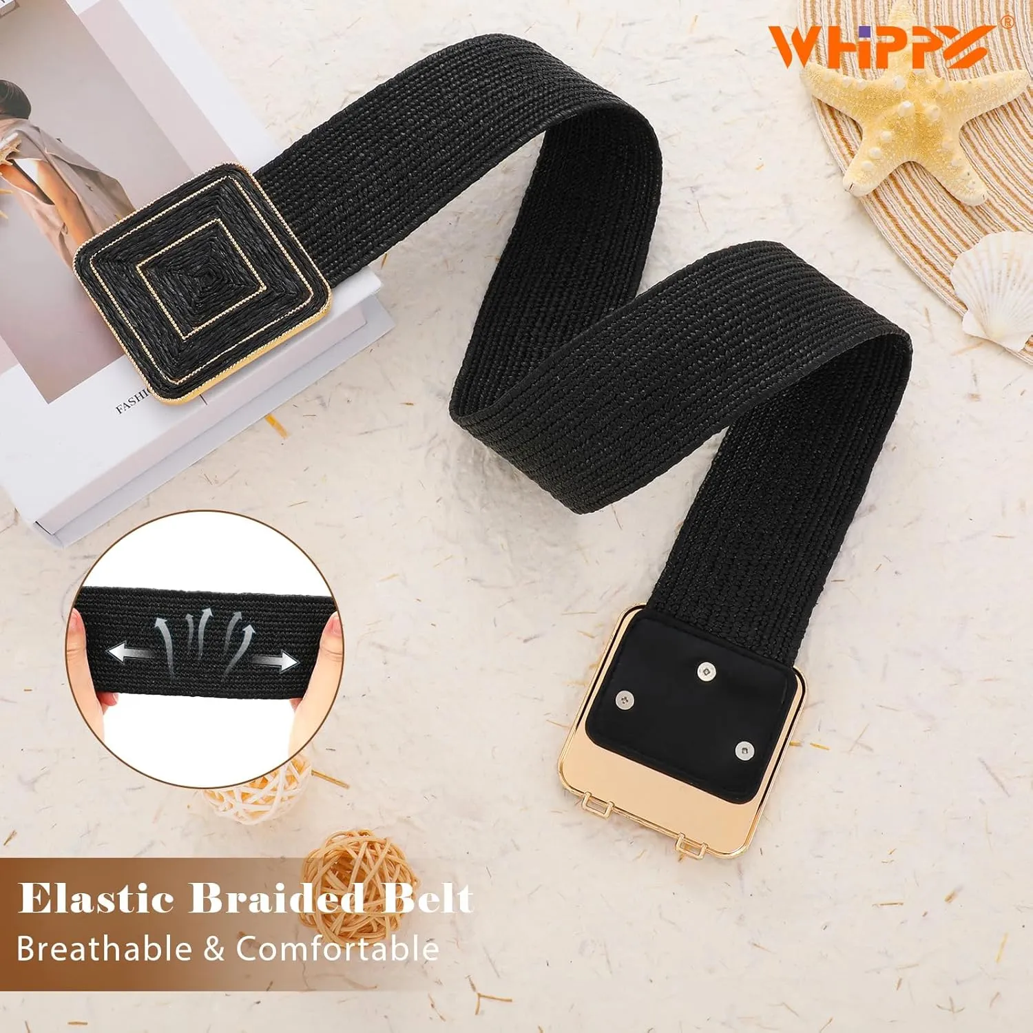 WHIPPY Straw Woven Elastic Belt for Women Fashion Boho Raffia Ladies Belt Braided Wide Stretch Waistband for Dress