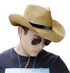 Wide Shapable Brim Straw Cowboy Hat Men Women UV Sun Protection Cowgirl Straw Hat Holiday Travel Panama Fedora Hat Beach Caps