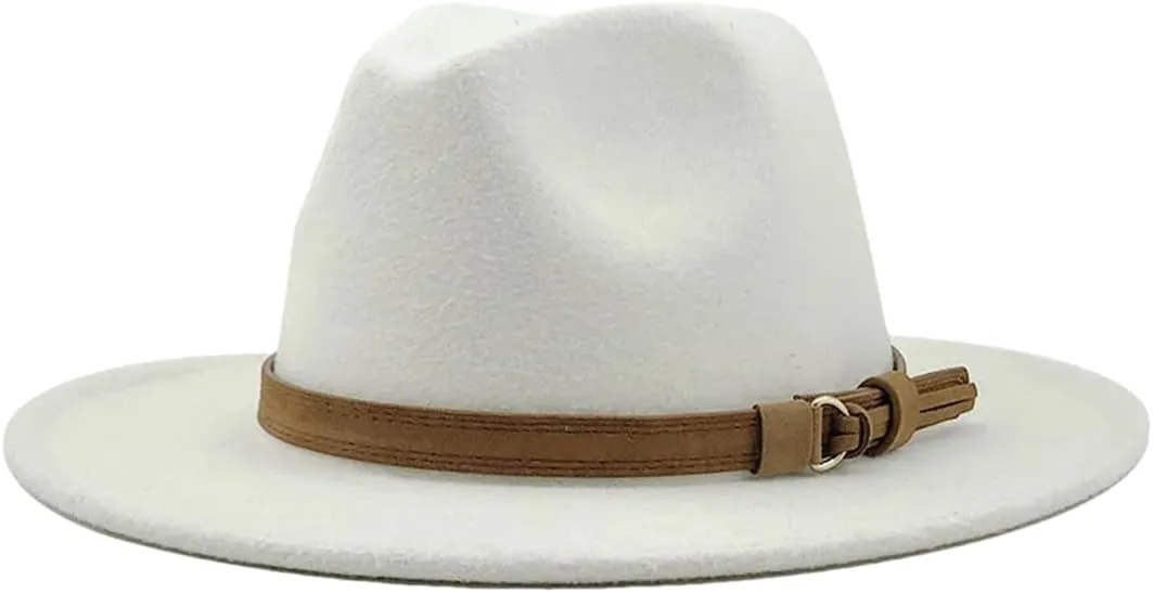 Women Men Fedora Hat with Leather Ribbon Gentleman Wide Brim Jazz Church Panama Sombrero Cap White Child 52-54CM