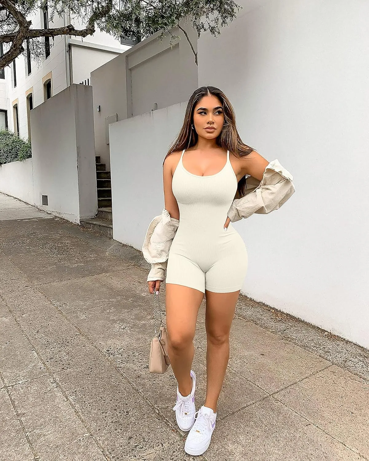 Women Workout Seamless Jumpsuit Yoga Ribbed Bodycon One Piece Spaghetti Strap Shorts Romper