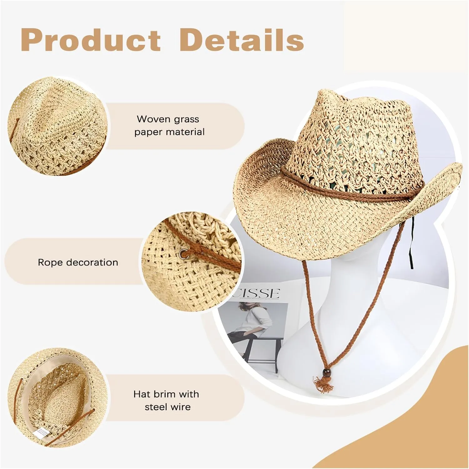 Womens Men Straw Cowboy Hat Foldable Wide Brim Summer Sun Hats Travel Vacation Lightweight Beach Cowgirl Hat