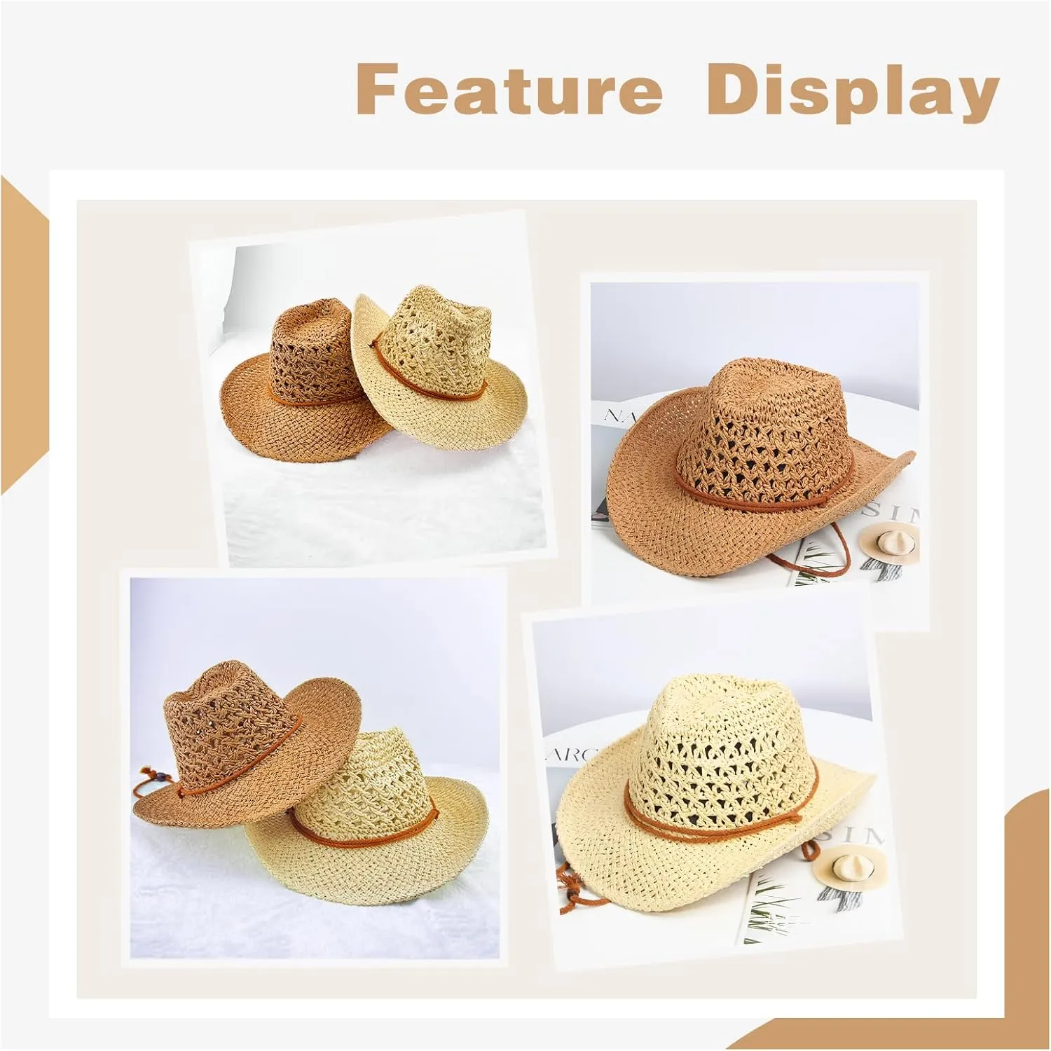 Womens Men Straw Cowboy Hat Foldable Wide Brim Summer Sun Hats Travel Vacation Lightweight Beach Cowgirl Hat