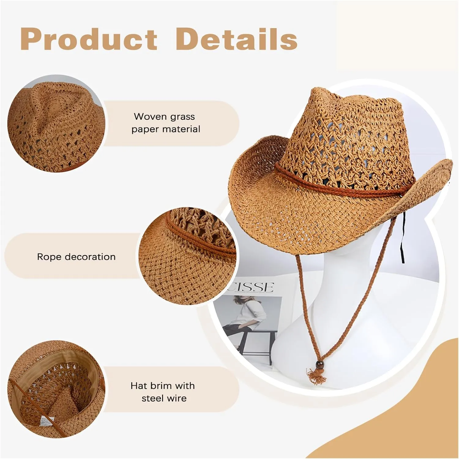Womens Men Straw Cowboy Hat Foldable Wide Brim Summer Sun Hats Travel Vacation Lightweight Beach Cowgirl Hat