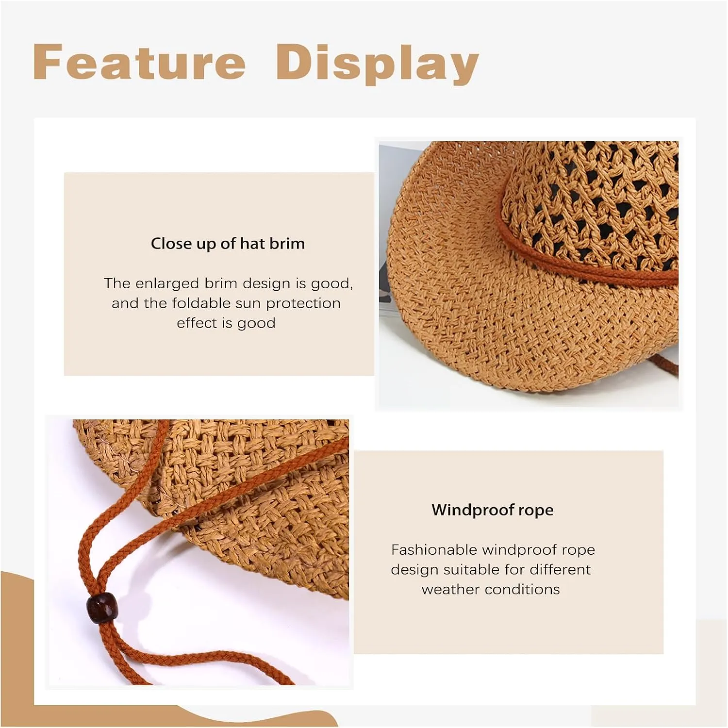 Womens Men Straw Cowboy Hat Foldable Wide Brim Summer Sun Hats Travel Vacation Lightweight Beach Cowgirl Hat