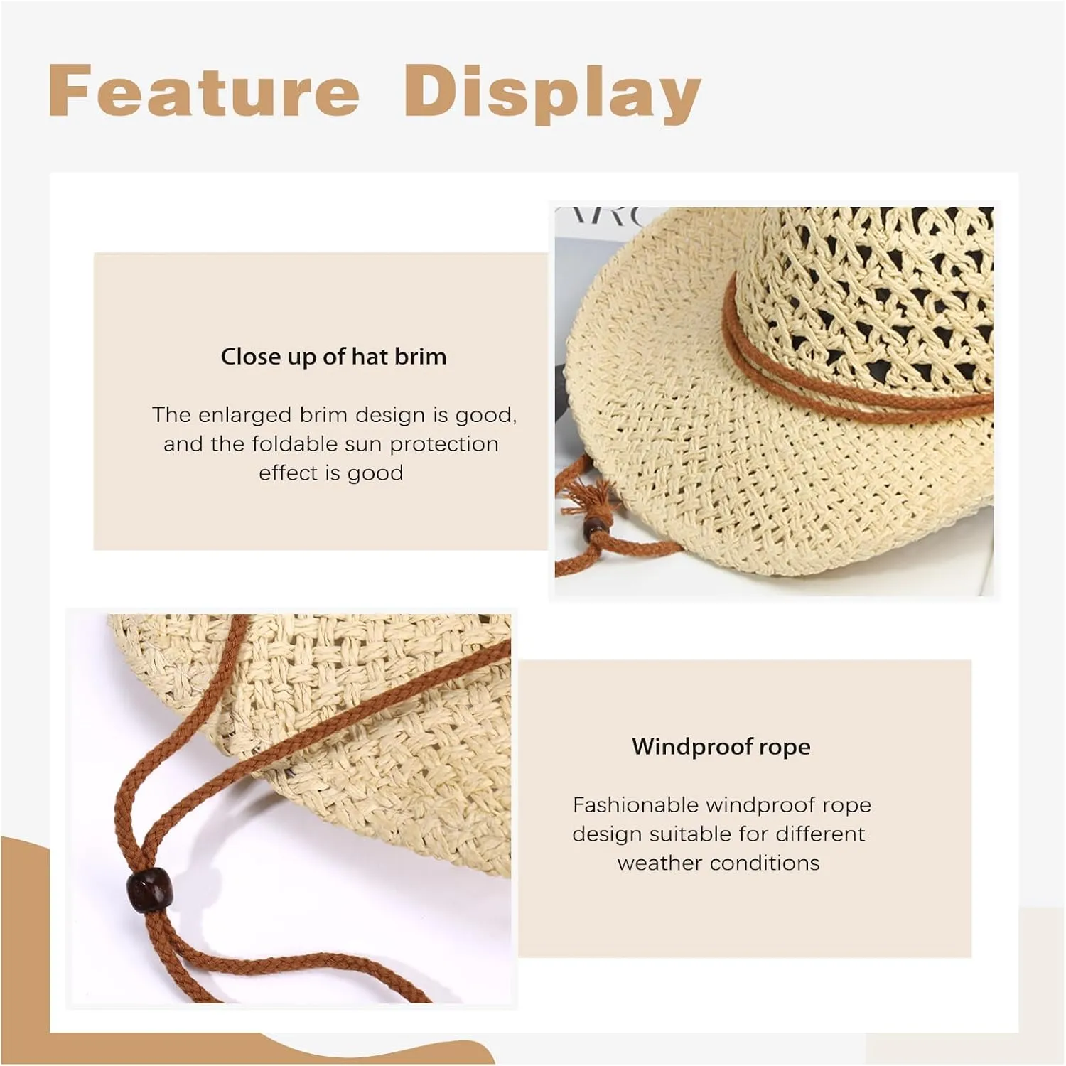 Womens Men Straw Cowboy Hat Foldable Wide Brim Summer Sun Hats Travel Vacation Lightweight Beach Cowgirl Hat